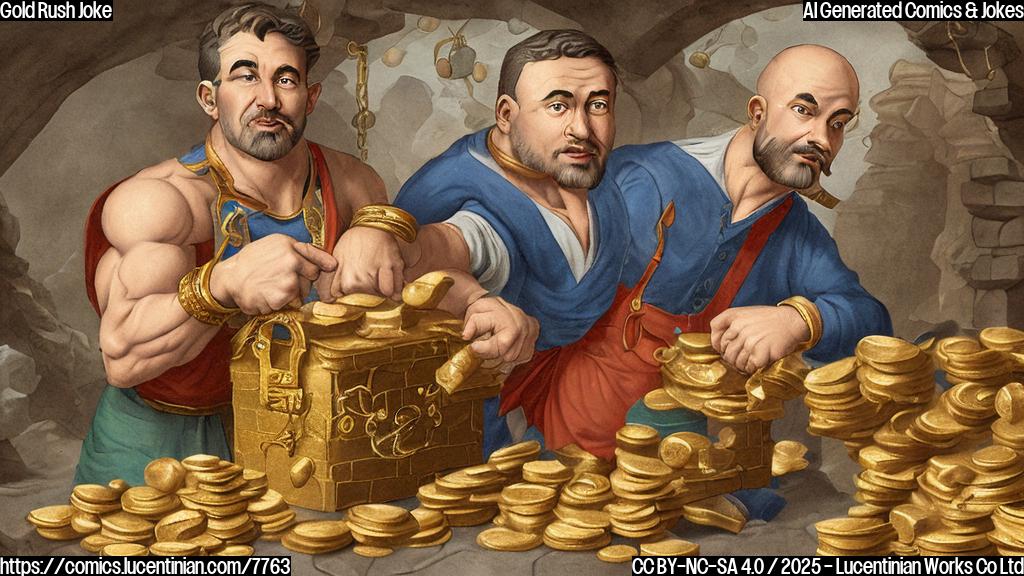 a plain color cartoon style image of a muscular figure wearing a jeweler's apron, struggling to lift an overflowing treasure chest filled with gold bars and coins.