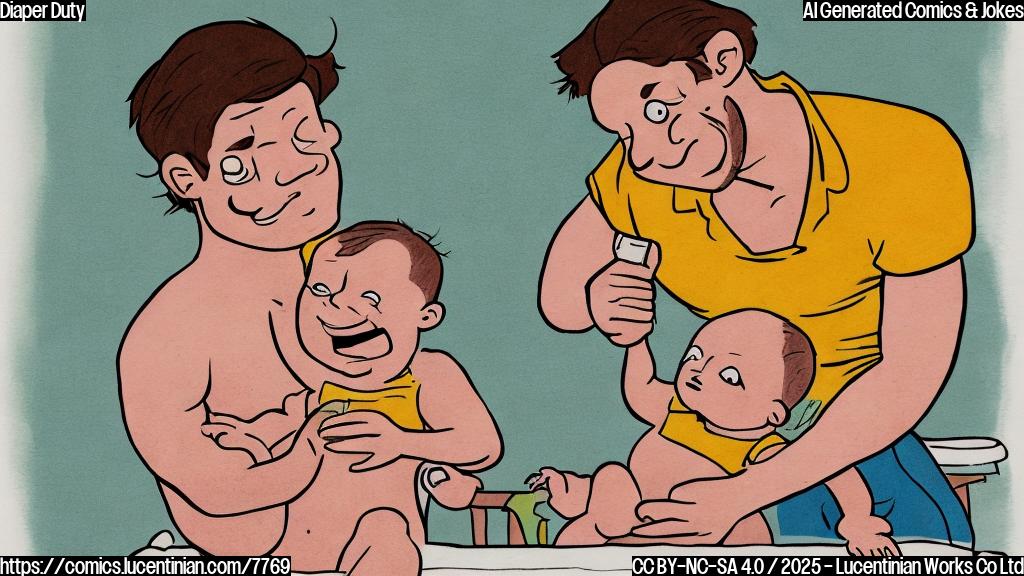 A cartoon image of a man, who has brown hair, is sweating, holding a baby over a changing table. The baby is giggling. The style is simple and colorful.