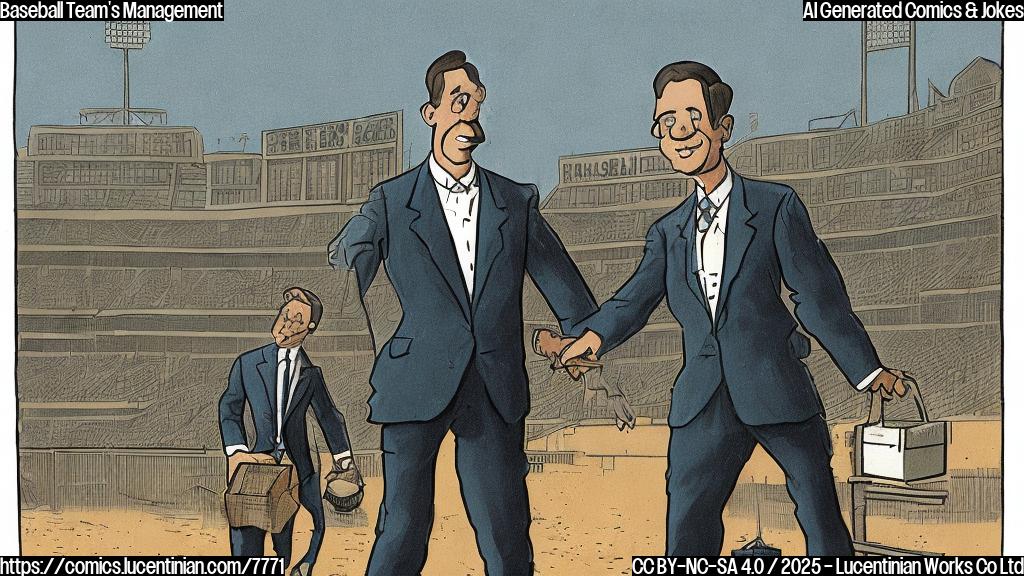 A plain color cartoon style image depicting a baseball stadium in the background with a general manager, a man in a suit, holding a ladder looking towards a baseball manager in baseball uniform carrying a box full of personal belongings.