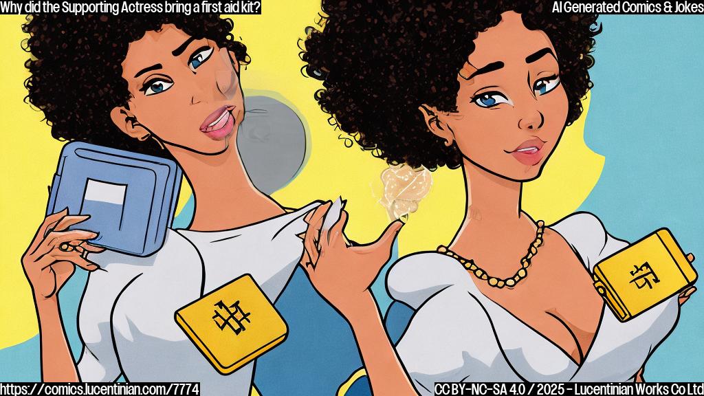 Cartoon drawing. A light-skinned female character wearing a glamorous golden gown and holding a comically oversized first aid kit. The character has short curly hair and a worried expression. The background is plain light blue.