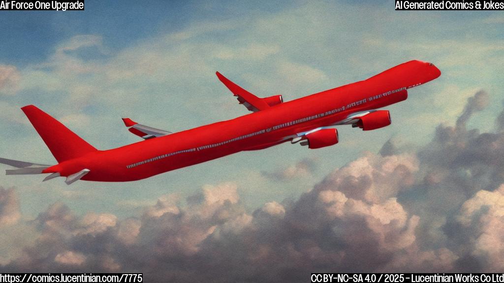 A cartoon-style jumbo jet, painted in a plain red color, soaring through the sky with a trail of black smoke puffing from one of its engines.