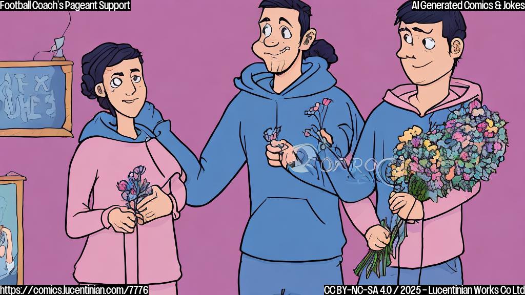 a cartoon style drawing. A man in a dark blue hoodie looking slightly amused, holding a small bouquet of flowers. In the background, a woman with long dark hair is standing on a stage with a sash that says "Third Runner-Up". The background color is a light pink.