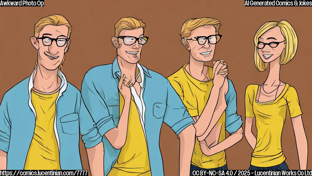 cartoon style, plain light yellow background, a blond woman with sunglasses awkwardly smiling next to a man with short brown hair and a serious expression, both standing stiffly.