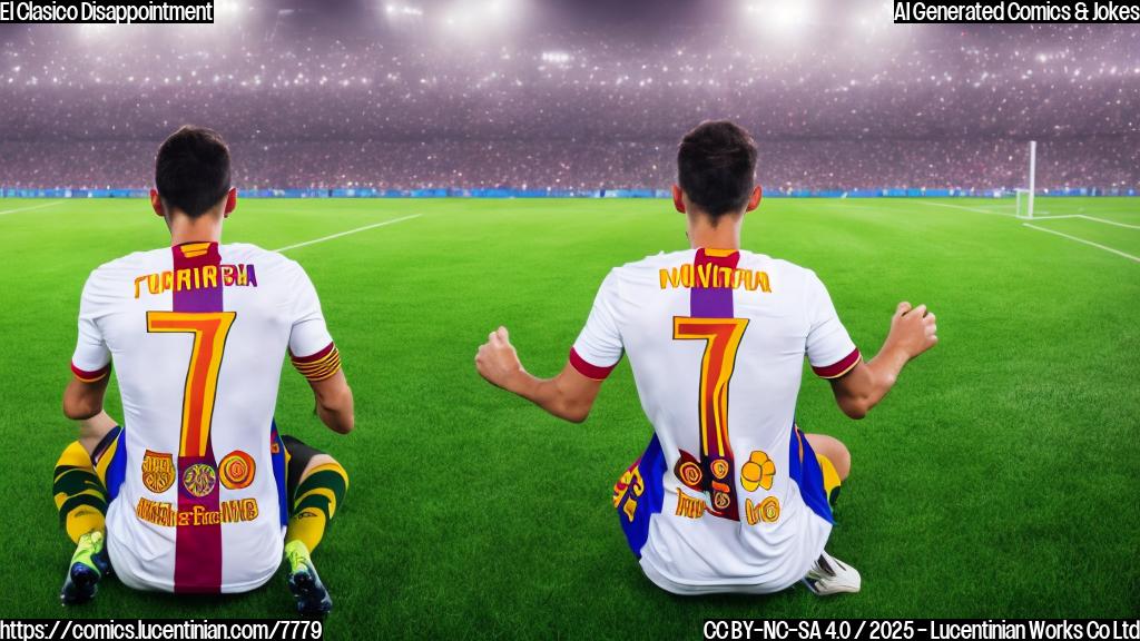 A cartoon drawing of a soccer fan wearing a white jersey with number 7 on it, looking dejected while sitting on a stadium seat. The background is a blurred soccer field with the colors of Barcelona. The overall style is simple and colorful.