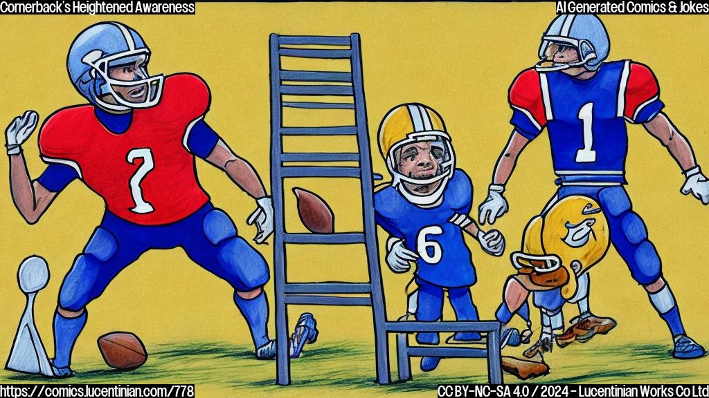 Draw a plain color cartoon style picture of a football player wearing a helmet and holding a ladder, standing in a football field.
