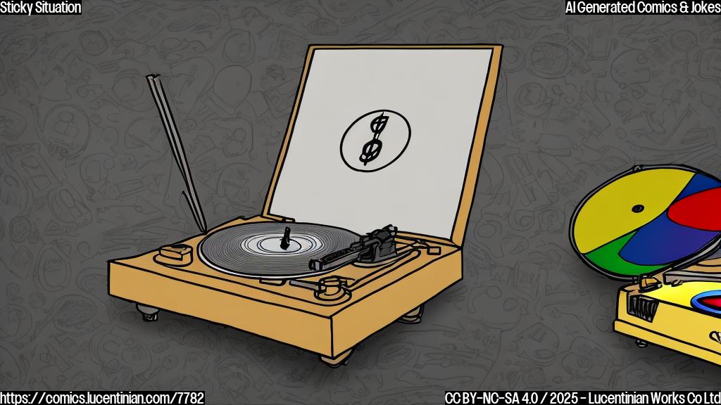 A plain color cartoon style picture of a computer screen with a warning message and a record player with a copyright symbol on it.