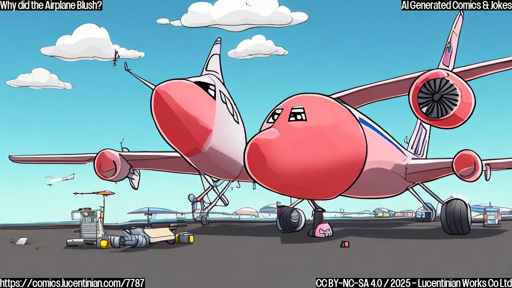 Cartoon style image of a blushing cartoon airplane looking away, with a slightly suggestive cartoon depiction of runway maintenance equipment in the background. The background should be a clear, light blue sky.