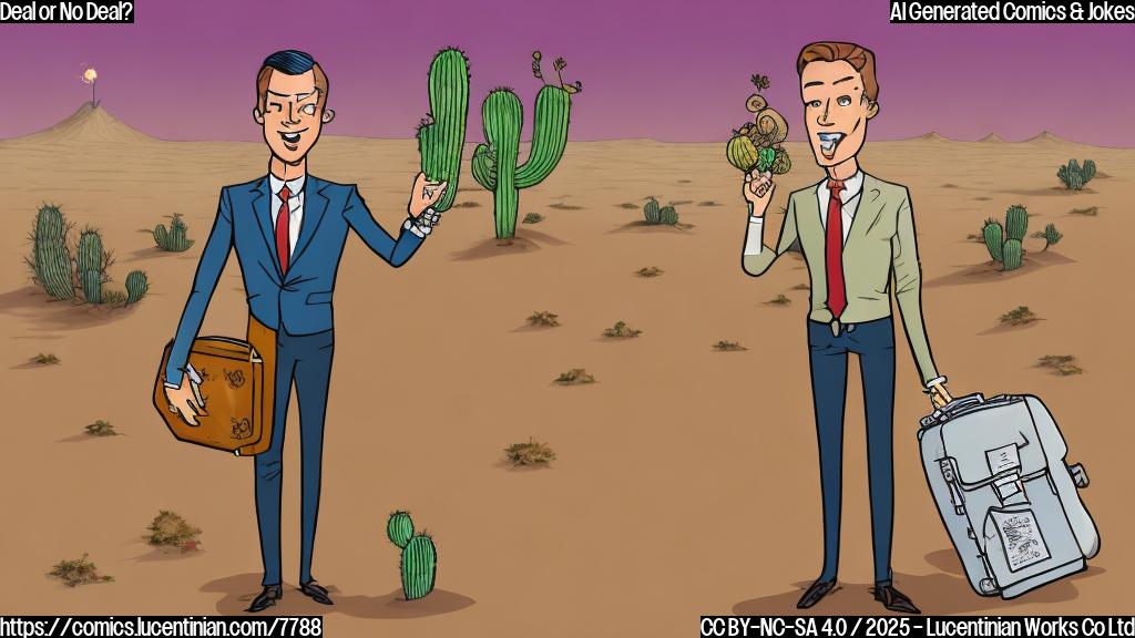 Cartoon style drawing of a salesman wearing a suit and tie, sweating profusely in a desert landscape. He is carrying an oversized briefcase overflowing with contracts and a comically large compass. Sand dunes and a single, wilting cactus are in the background. The color palette is dominated by shades of beige and brown, with a bright, slightly cartoonish sun in the sky.