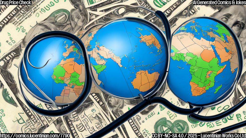 Cartoon image of a globe with a stethoscope around it. Dollar signs are scattered around the globe. A magnifying glass is pointed at Europe. The style is plain cartoon. The color is light.