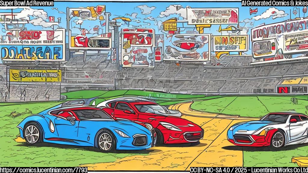 Plain color cartoon of a stadium with a lot of ads around it, and a new sports car parked in front of it. The car has dollar signs on the hubcaps.