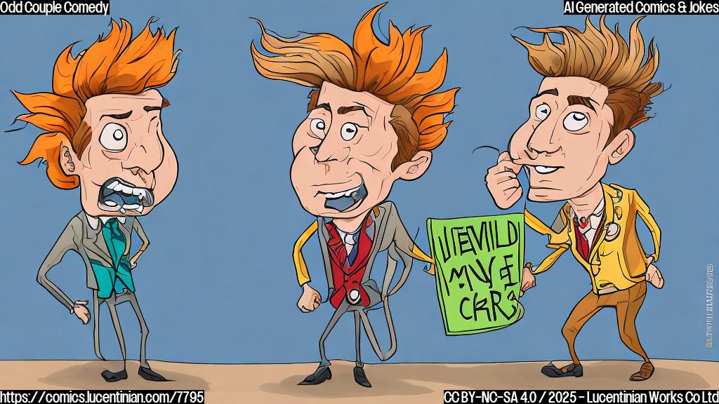 a cartoon image of a very serious, well-dressed man standing next to a man with a crazy hairstyle and wearing mismatched clothing, both looking confused, plain color background