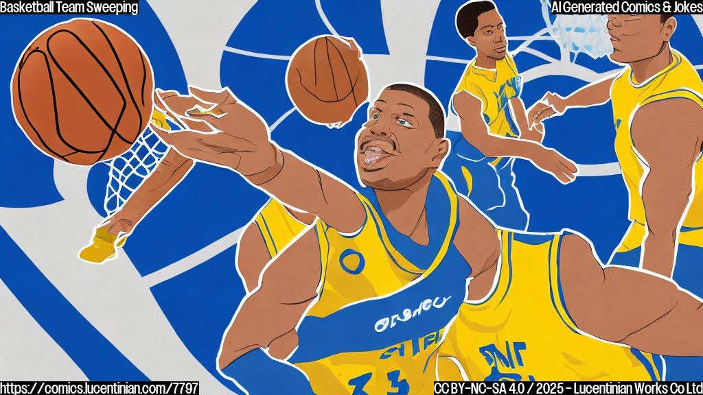 A simple cartoon of a basketball player dribbling a basketball with one hand and holding a broom with the other. The player is wearing a blue and yellow uniform. The background is a plain green.
