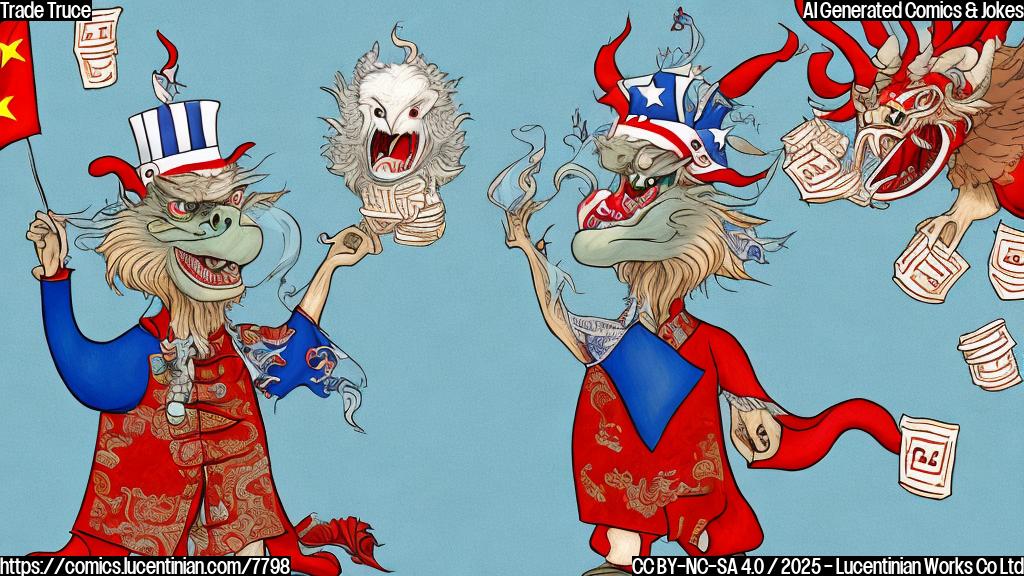 cartoon style drawing, plain light blue background, a bald eagle wearing a Uncle Sam hat and a red dragon wearing a traditional chinese hat shaking hands, each holding a bulging money bag labeled "Exports" and "Imports" respectively, a big eye is watching them.