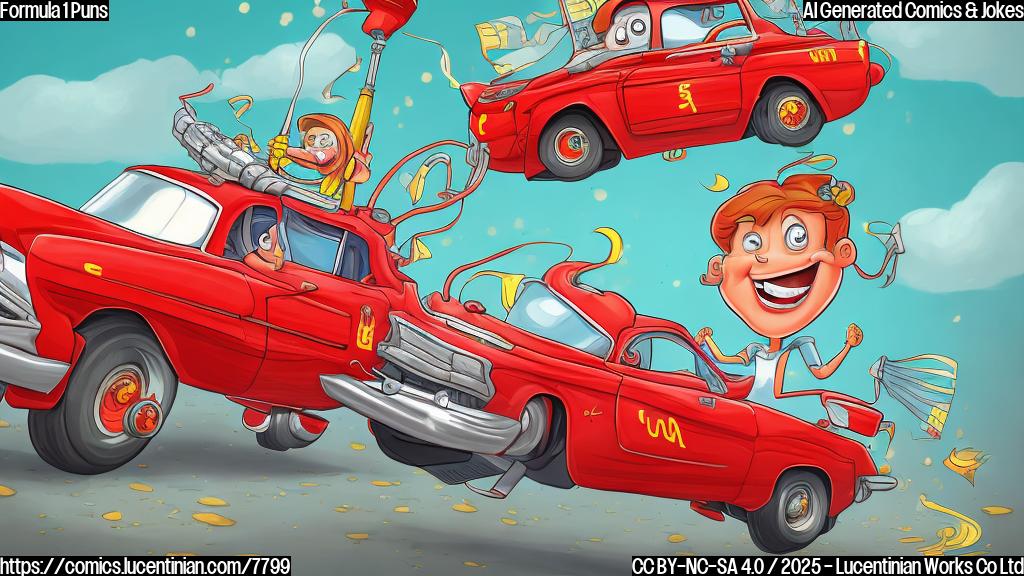 A cartoon-style illustration of a red race car with big eyes and a smiling face holding a small silver ladder, with a checkered flag waving in the background. The style should be plain color, like a children's book illustration.