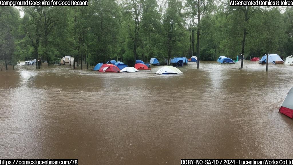 A campground by a river is flooded. Instead of canceling reservations and feeling sorry for themselves, the campsite owners find that people are booking campsites to show their support. People leave comments like "I know we can't come" but still want to help. Create an image of a simple line-drawn map of a campground with a river running through it, flooded and surrounded by trees. In the center of the map, have a few drawn dots representing campsites that are booked. Have some written comments scattered around the edges of the map in a plain color. The overall style should be like a simple children's book illustration.