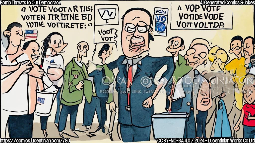 a generic cartoon of a person holding a large letter with a bomb threat inside, standing in front of a voting booth with a concerned expression, surrounded by several other people looking worried and holding "I Voted" stickers