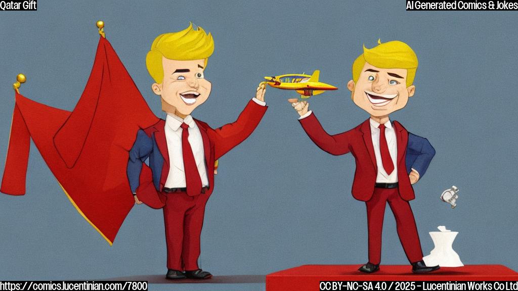 A cartoon image of a short stout man with a distinctive blonde hairstyle, wearing a business suit and a bright red tie, gleefully accepting a miniature golden airplane from a figure draped in traditional Middle Eastern robes and headdress. The background is a plain light blue.