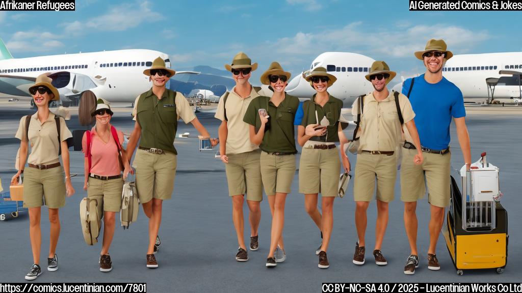 Cartoon image of a group of simple looking characters dressed in khaki shorts and safari hats boarding a plane. The background shows a generic airport terminal with a sign vaguely resembling "USA Welcomes You". The color palette is bright and cheerful.