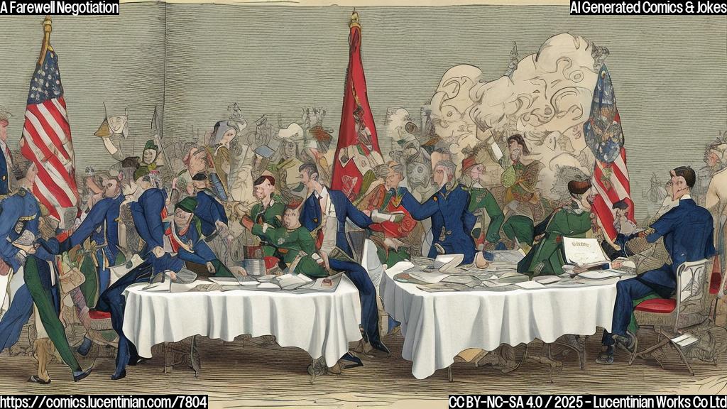 Cartoon of a peace negotiation table. On one side, a group of people are dressed in green and red military clothes, and on the other side, people in formal dark suits. A lawyer with a briefcase is reading a large document with a magnifying glass. The background is a plain light blue.