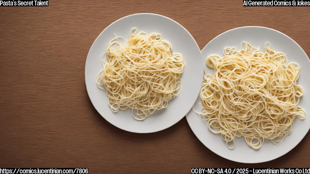 A cartoon image showing a plate of white pasta blushing, with a speech bubble containing a small question mark. The background is a simple, plain light yellow. Style should be simple and cartoonish.