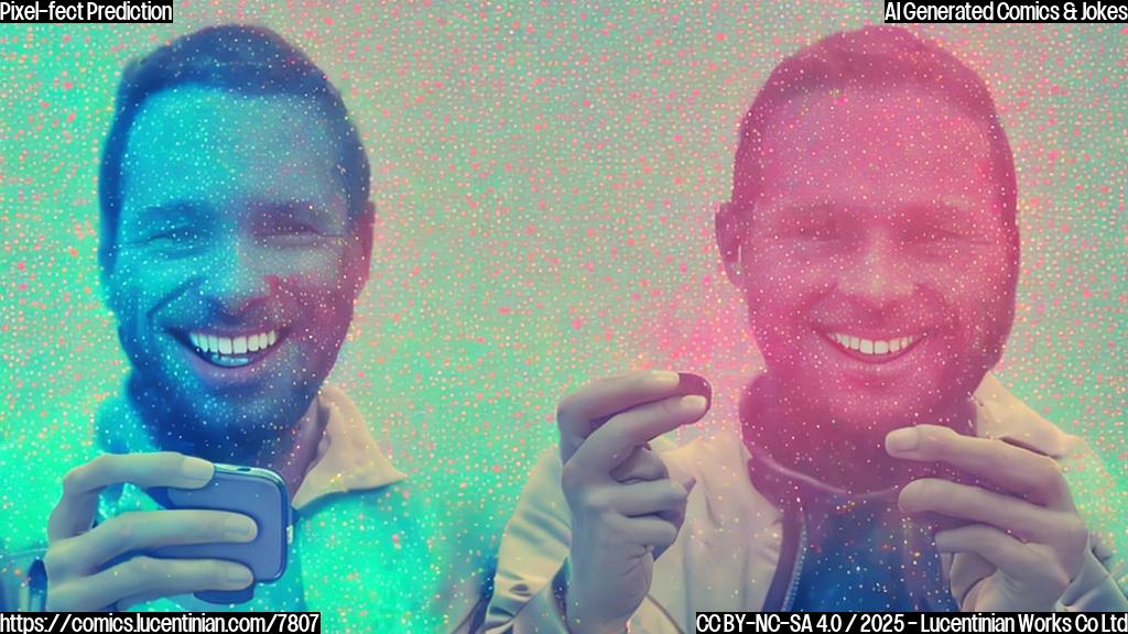 Generate an image of a person holding a smartphone with a smile and a thought bubble containing a video waveform, surrounded by pixels.