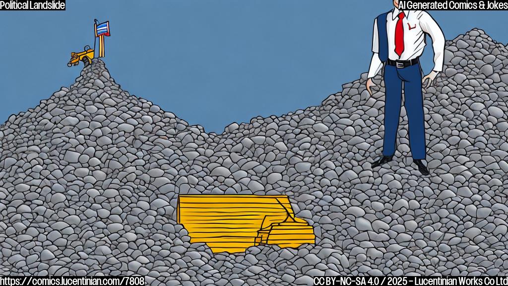 Cartoon illustration. A generic political candidate, wearing a blue suit and a red tie, stands on top of a massive pile of dirt and rocks labeled "Votes." A small bulldozer is nearby. The background is a plain light blue color.