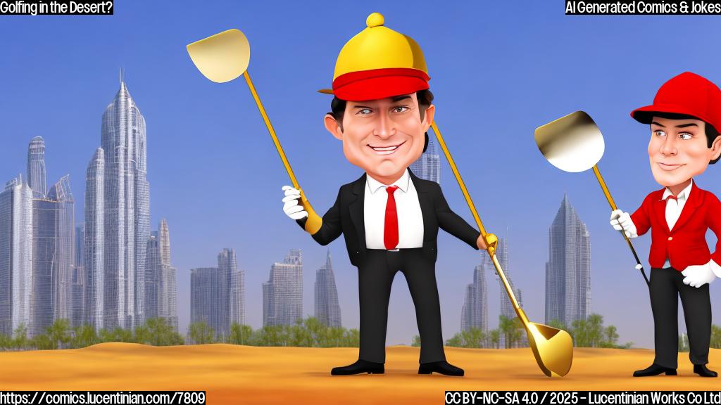 A cartoon of a very rich man in a suit and red hat, standing on a golf course in a desert, holding a golden shovel. Luxury skyscrapers in the background. The sky is a clear blue. Plain color cartoon style.