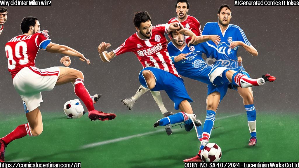 A cartoon-style image of a football player (Hakan Çalhanoglu) kicking a ball through an opponent's legs while the goalkeeper is in mid-air, with a triumphant expression on his face. The background should be a blurred stadium scene with cheering fans and the match officials looking on.