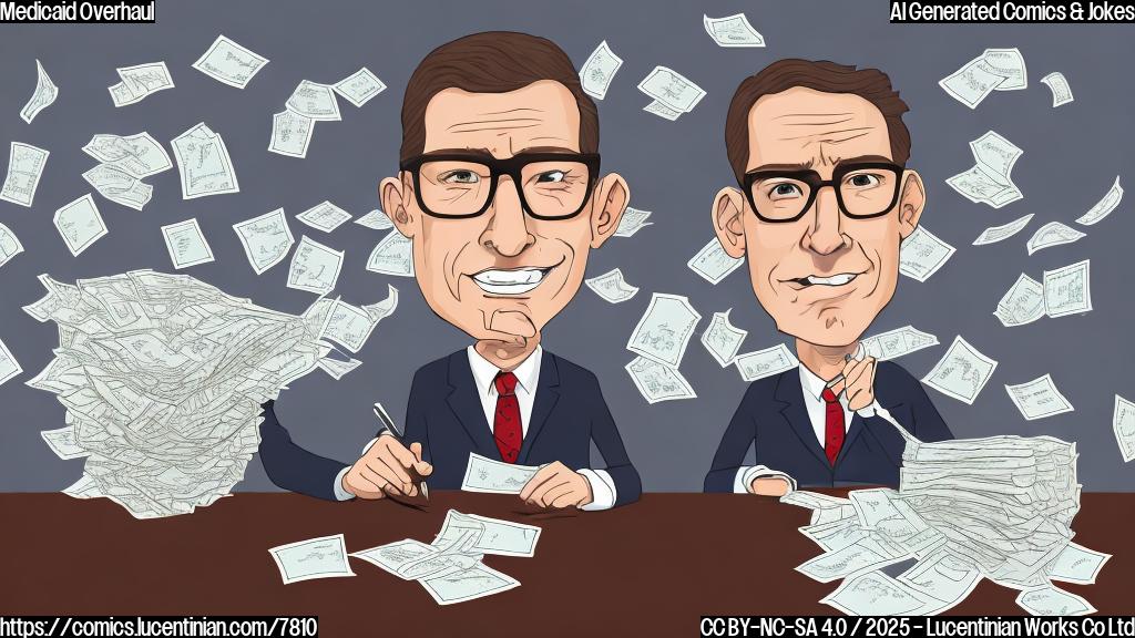 Cartoon image of a stressed-looking person in a suit sitting at a large wooden table covered in papers and a giant calculator. The person has short brown hair and glasses. A large speech bubble above their head contains the text "$880 Billion?!" The background is a plain light blue.