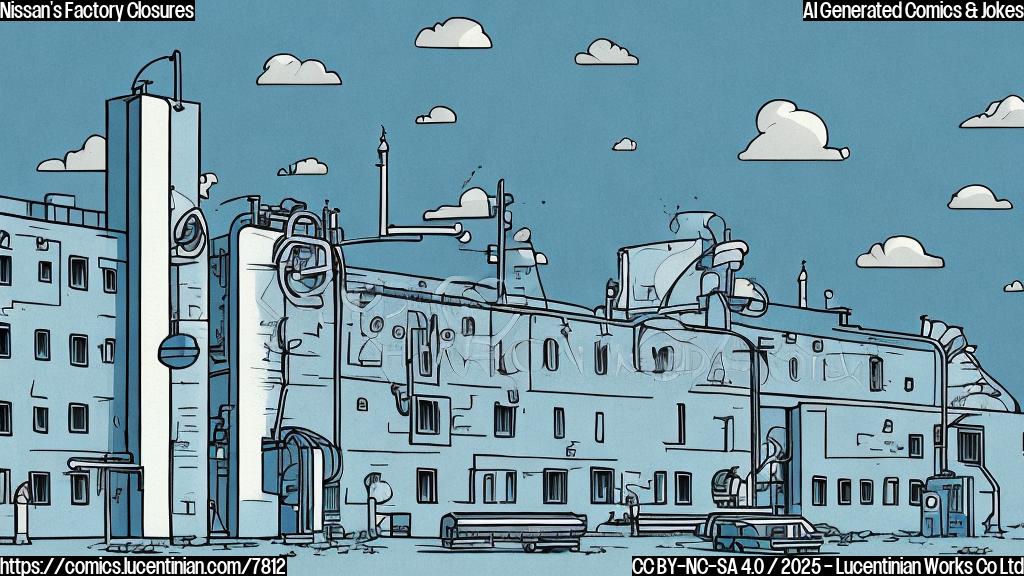 Cartoon style, plain light blue background, a sad looking factory building with tears coming out of its windows and doors.