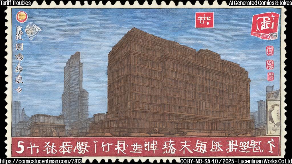 A sad-looking small brown cardboard box with Chinese stamps and a tear on its side, standing next to a very tall building labeled "Tariff Office" with a large "54%" sign on it. The box looks defeated. Cartoon style, plain colors.