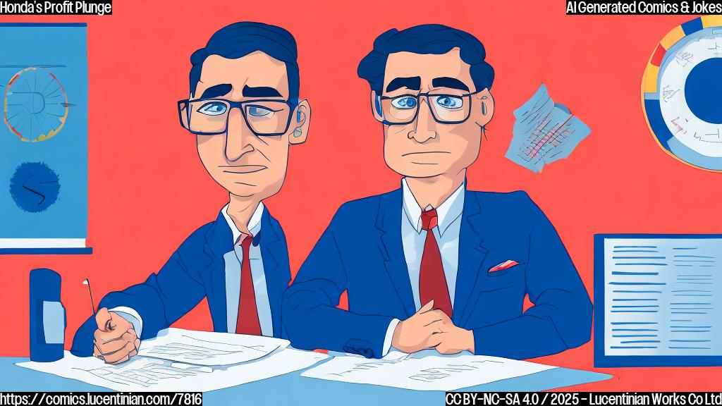 Cartoon style image of a sad accountant with dark hair, wearing glasses and a blue suit, sitting at a desk covered in red ink. A chart in the background shows a steep downward slope. The overall color palette is pale and depressing.