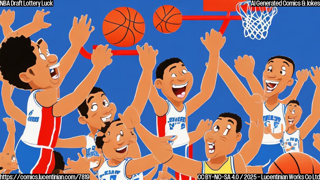 A cartoon image of a basketball team cheerfully carrying a very tall ladder towards a lottery machine. The lottery machine has giant basketballs coming out of it. The background is a plain, bright color.