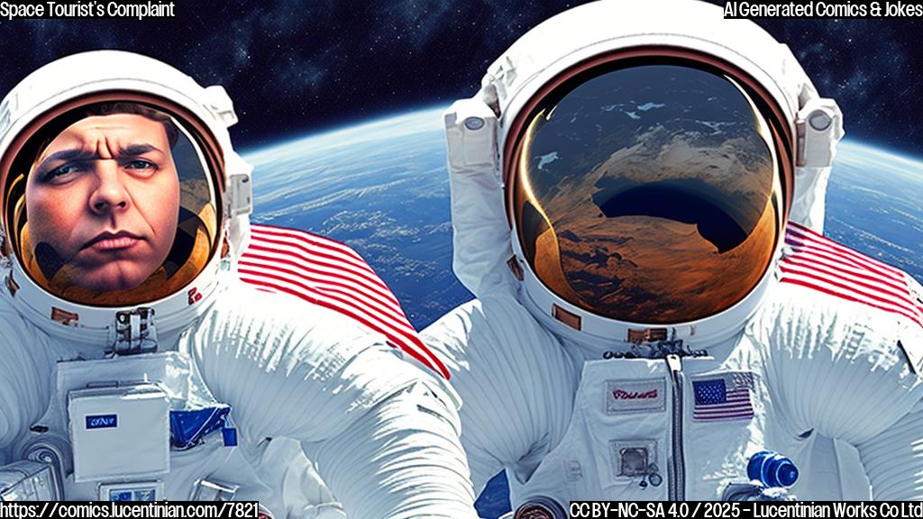 A simple cartoon of a disgruntled looking tourist wearing a spacesuit, floating in space with a very unimpressed expression. Background is a plain light blue.
