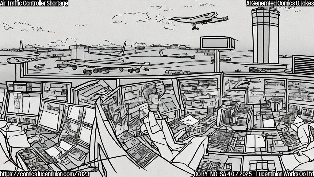 Cartoon image of a nearly empty air traffic control tower with only three controllers looking stressed, planes lining up on the runway in the background. Plain color style.