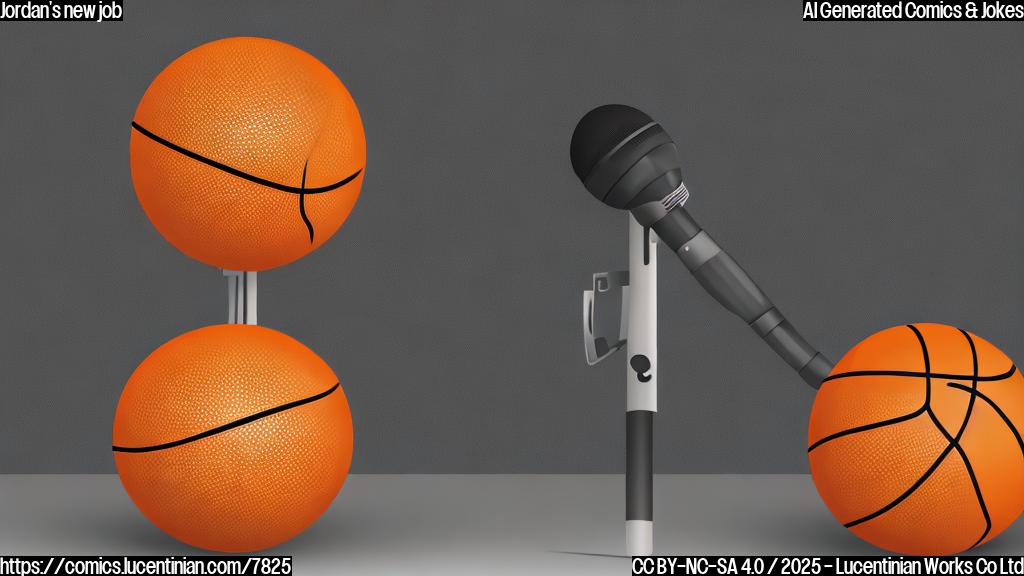 Plain color cartoon style image of an orange basketball with a TV antenna sticking out of it, next to a microphone.