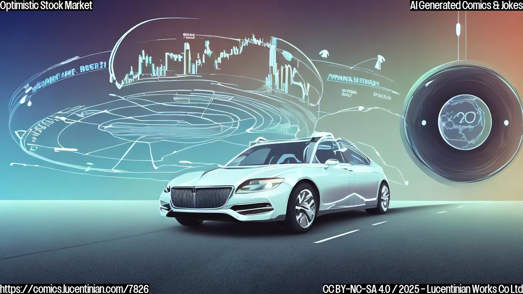 a plain color cartoon style picture of a smiling stock market chart looking towards a shiny, futuristic self-driving car driving on a desert road