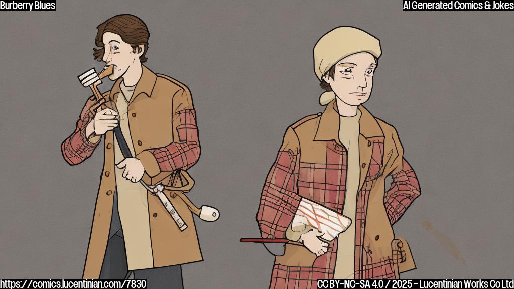 A plain color cartoon image depicting a sad, fashionable character in a camel-colored trench coat, holding a rolling pin instead of a sketchbook. Background is a simplified red and black check pattern on a cream-colored wall.