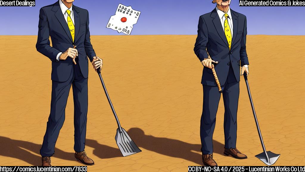 Cartoon image of a very rich man in a suit and tie, wearing sunglasses, standing in a sandy desert under a hot sun. He is holding a shovel and has a determined expression on his face, with money symbols subtly floating around him. The color palette should be bright and clean, using yellows, browns, and blues.