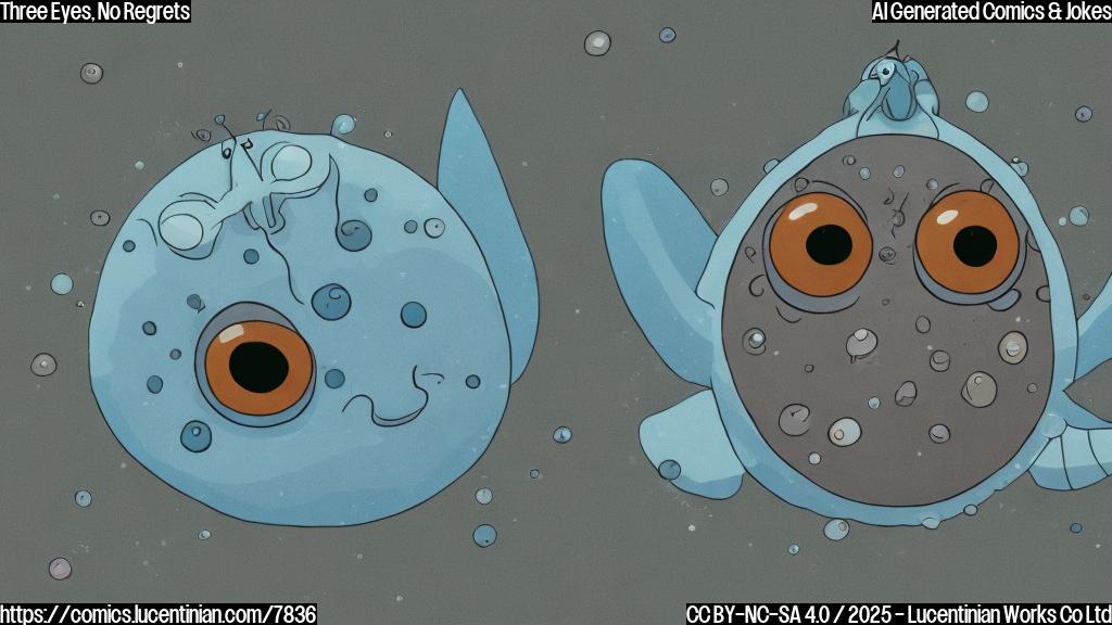 A simple, cartoon-style image of a small, moth-like sea creature with three large, round eyes. The background is a plain, light blue. The creature is smiling slightly and has tiny claws.