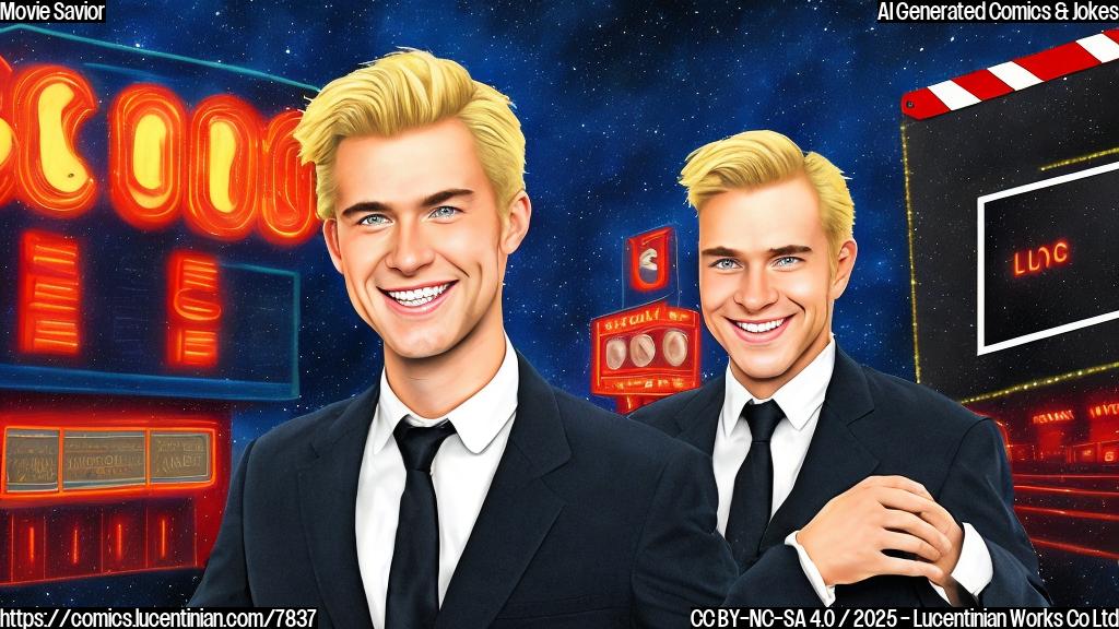 A cartoon-style image. A blond-haired, smiling man in a black suit standing next to a movie theater. He is holding a bright red ladder and winking. The theater marquee reads "Box Office". The background is a simple, plain blue color.