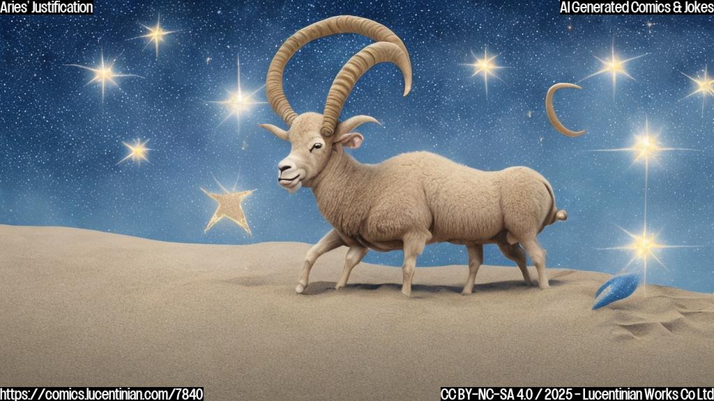 A cartoon drawing of a ram with big horns confidently striding across a sandbox, leaving tiny footprints in the sand. Several very simple figures in the sand crying. The ram is surrounded by sparkles and stars, suggesting a mystical or astrological theme. The background is a plain light blue color.