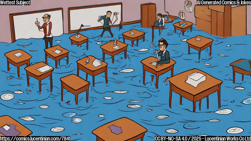 Cartoon of a teacher with glasses and a worried expression holding a mop in a flooded classroom with desks floating. The walls are pastel blue.