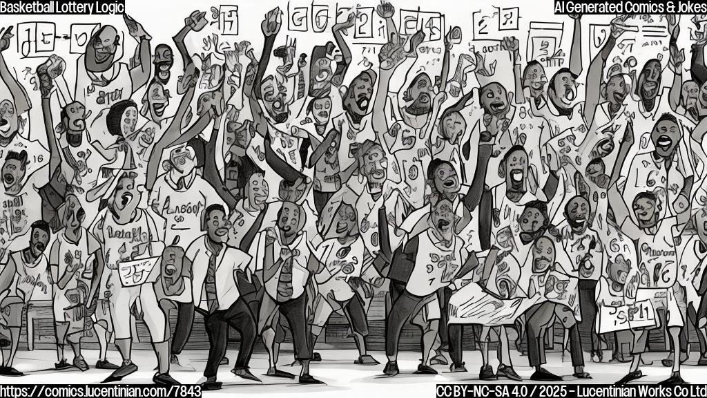 A simple cartoon drawing showing a group of basketball players celebrating wildly around a mathematician who is holding a whiteboard filled with complex equations and confused facial expression