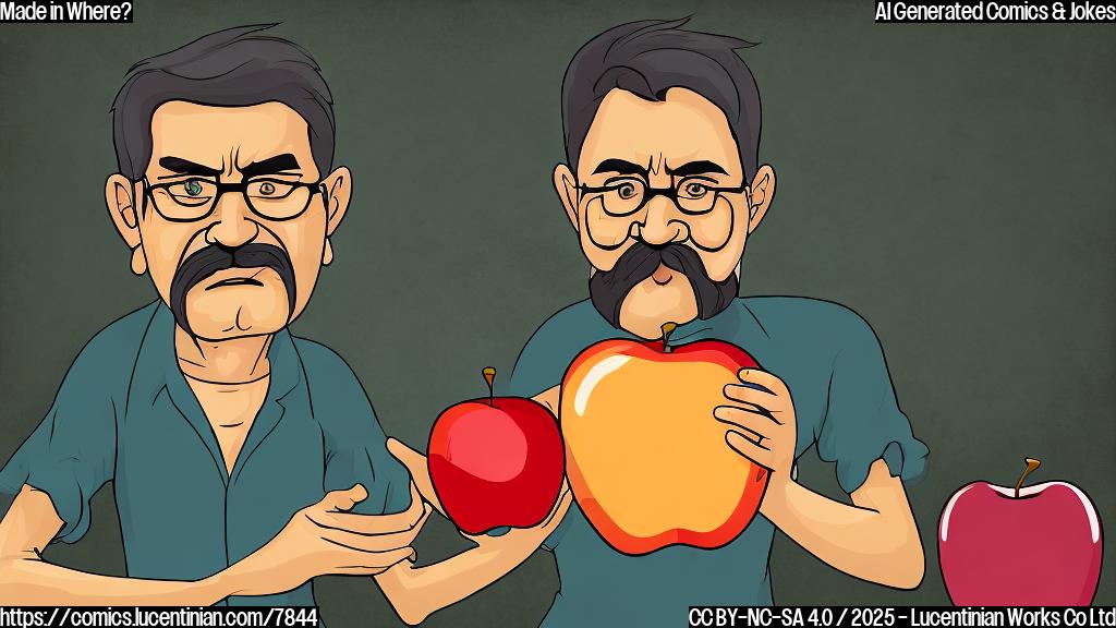 A plain color cartoon style image of a stern-looking man with a distinctive hairstyle pointing angrily at an apple labeled "Made in India", with a confused expression on the apple's face.