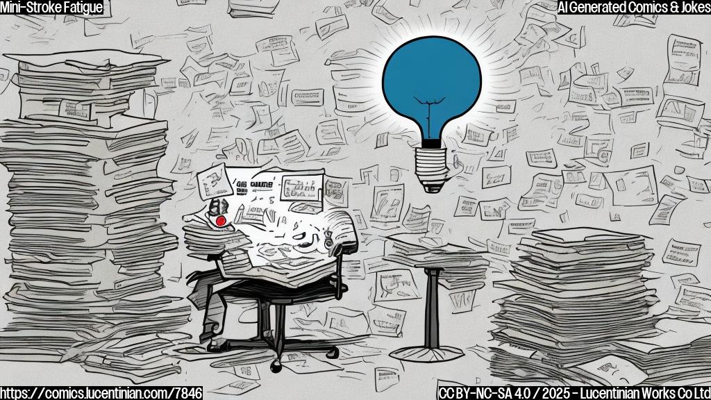 A plain color cartoon style picture of a brain sitting at a tiny desk, illuminated by a desk lamp, looking exhausted and surrounded by stacks of papers labeled "Follow-Up Reports". A speech bubble comes from the brain saying "Did I lock the door?".