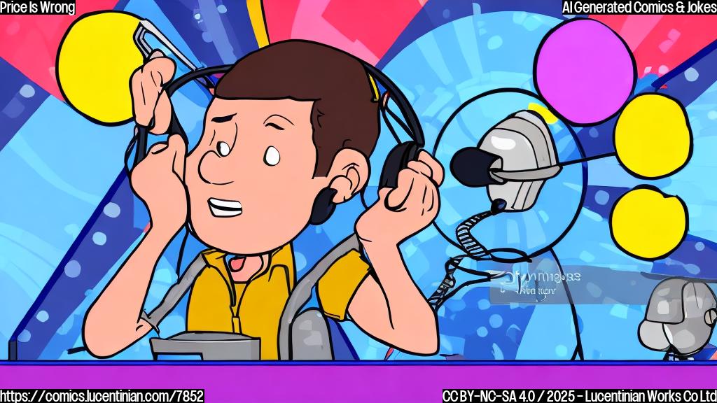 a simple cartoon of a game show contestant scratching their head in confusion next to a futuristic looking headset. The background is a brightly lit game show stage with colorful panels.