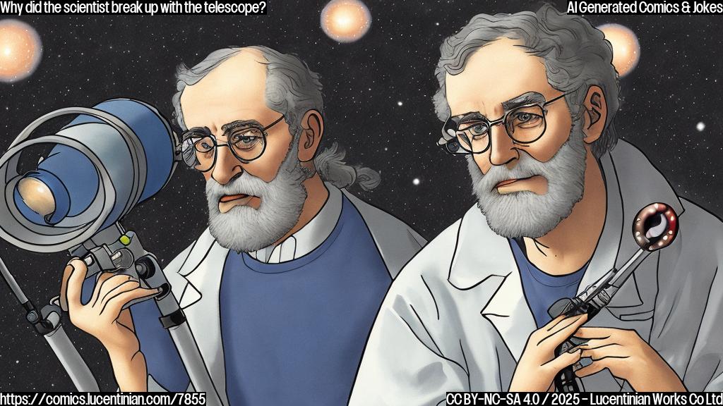 Plain color cartoon of a sad scientist with glasses and a lab coat, holding a broken telescope, with Jupiter and some sparkling lights in the background.