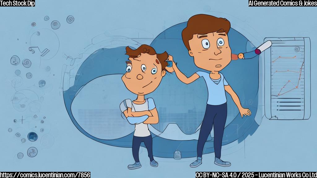 A sleeping cartoon tech stock character with a sad face, resting on a chart showing a downward trend. The background is a plain light blue.