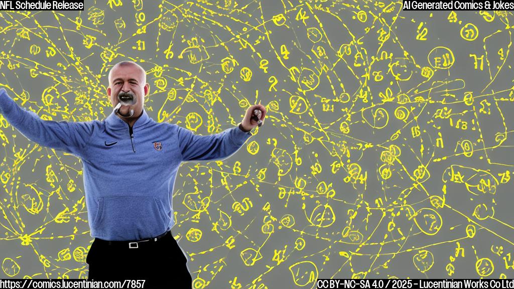 A football coach with a whistle around his neck happily pointing at a large wall calendar with footballs marking each date, in a simple cartoon style with a plain yellow background.